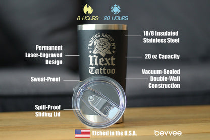 Next Tattoo Insulated Coffee Tumbler with Sliding Lid Gifts for Tattoo Artist 20oz Stainless Steel Tumbler