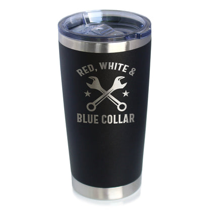 Red White & Blue Collar Insulated Coffee Tumbler with Sliding Lid Gifts for Tradesmen, Manual Labor Workers 20oz Stainless Steel Tumbler