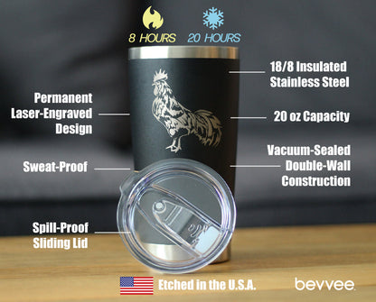 Rooster - Insulated Coffee Tumbler Cup with Sliding Lid - Stainless Steel Travel Mug - Chicken Gifts and Farm Décor for Women and Men