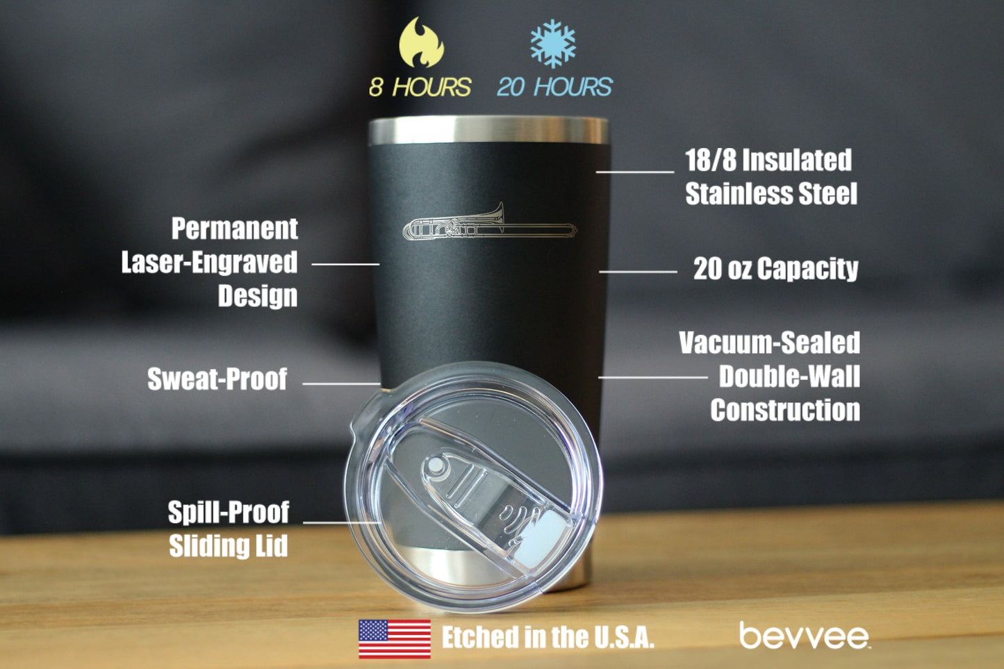 Trombone Insulated Coffee Tumbler with Sliding Lid Gifts for Musicians 20oz Stainless Steel Tumbler