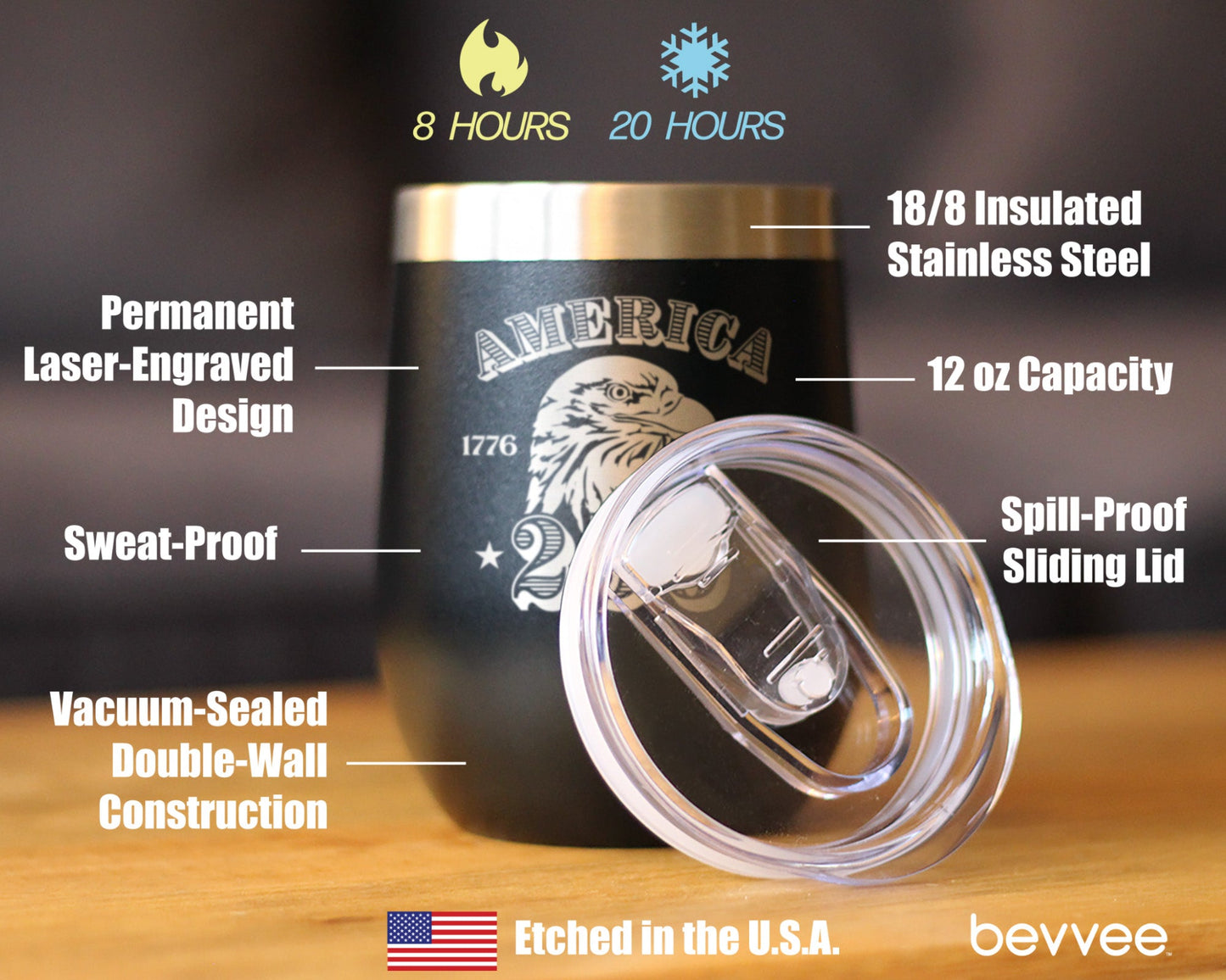 America 250th Anniversary Insulated Wine Tumbler with Sliding Lid America 250 Merchandise Etched in USA 12oz Stainless Steel Tumbler