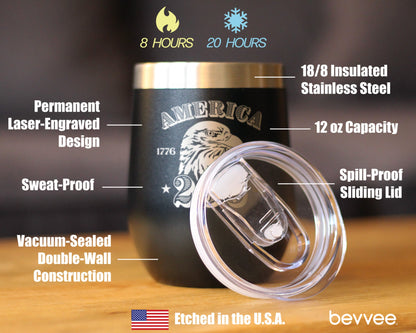 America 250th Anniversary Insulated Wine Tumbler with Sliding Lid America 250 Merchandise Etched in USA 12oz Stainless Steel Tumbler