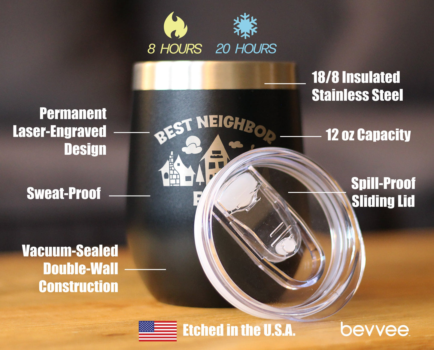 Best Neighbor Ever - Wine Tumbler Glass with Sliding Lid - Stainless Steel Travel Mug - Fun Neighbor Gifts
