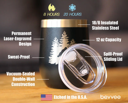 Bigfoot - Wine Tumbler Glass with Sliding Lid - Stainless Steel Insulated Mug - Funny Bigfoot Gifts for Sasquatch Enthusiasts