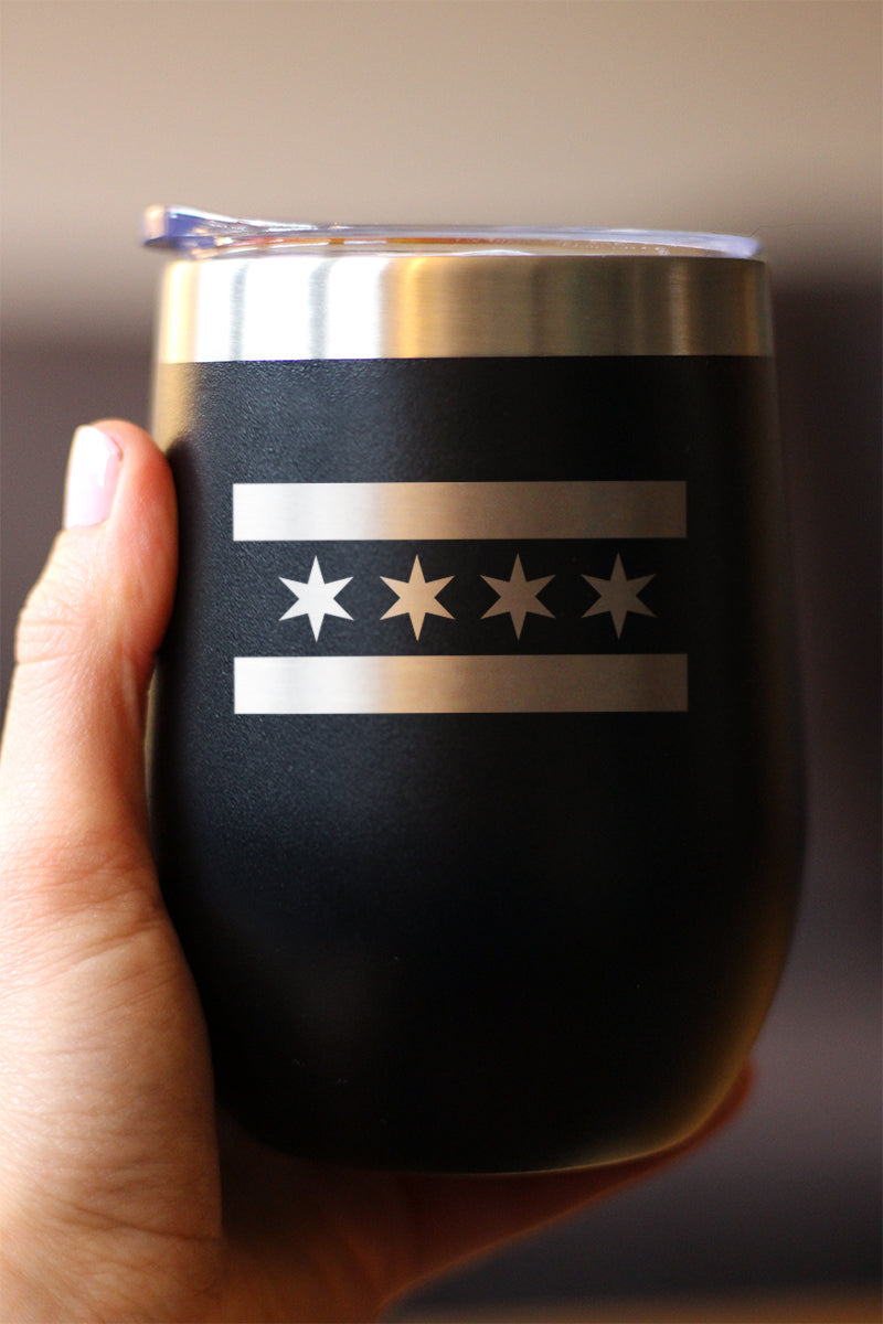 Chicago Flag - Wine Tumbler Glass with Sliding Lid - Stainless Steel Insulated Mug - Cute Windy City Themed Gift for Men and Women