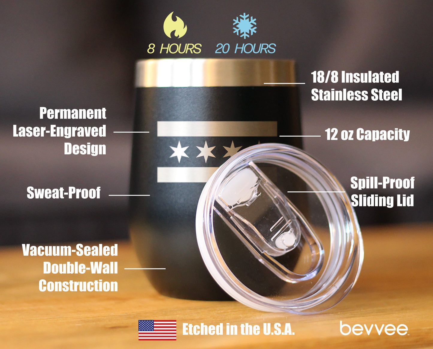 Chicago Flag - Wine Tumbler Glass with Sliding Lid - Stainless Steel Insulated Mug - Cute Windy City Themed Gift for Men and Women