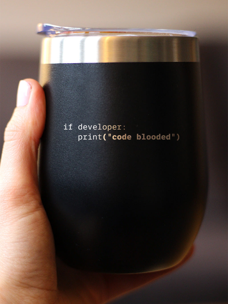 Code Blooded Insulated Wine Tumbler with Sliding Lid Funny Tech Gifts for Programmer, Coder & Computer Geeks 12oz Stainless Steel Tumbler