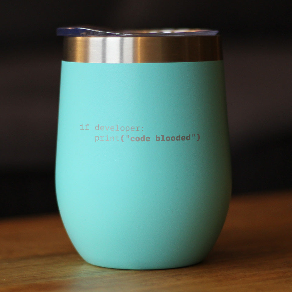 Code Blooded Insulated Wine Tumbler with Sliding Lid Funny Tech Gifts for Programmer, Coder & Computer Geeks 12oz Stainless Steel Tumbler