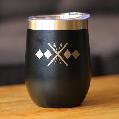 Double Black Diamond - Wine Tumbler Glass with Sliding Lid - Stainless Steel Travel Mug - Fun Skiing Gifts and Decor for Skiers