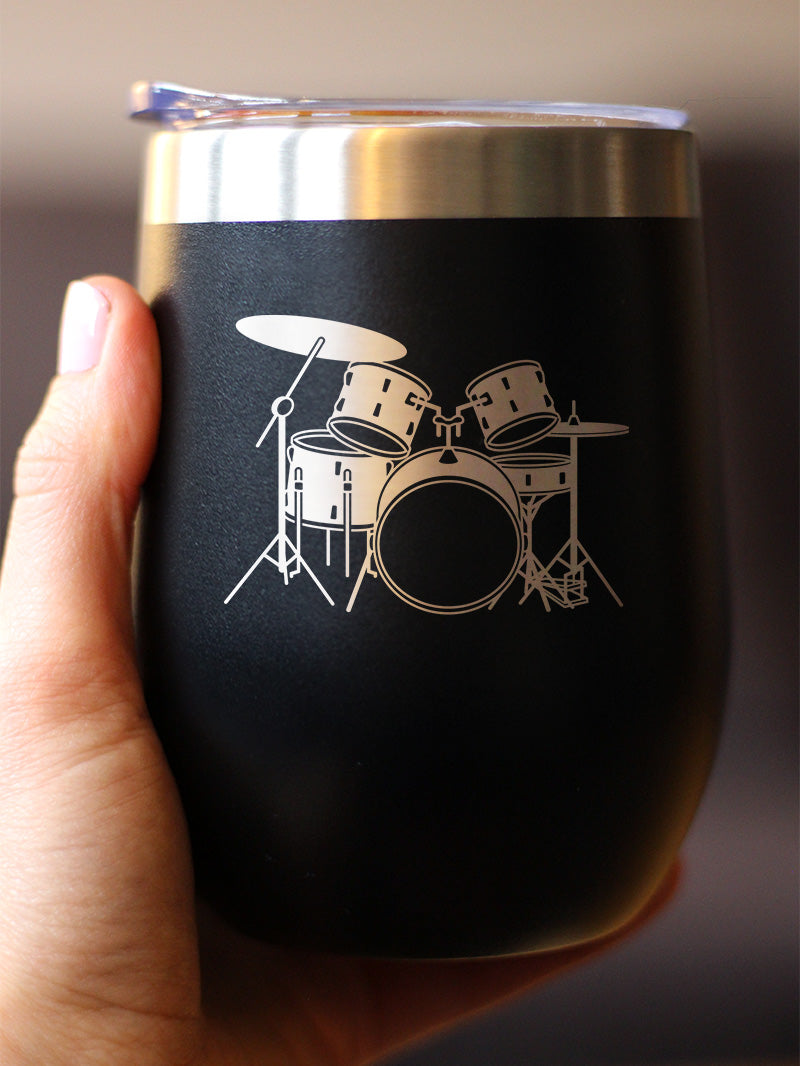 Drums - Wine Tumbler Cup with Sliding Lid - Stainless Steel Insulated Mug - Drumming Gifts for Drummers