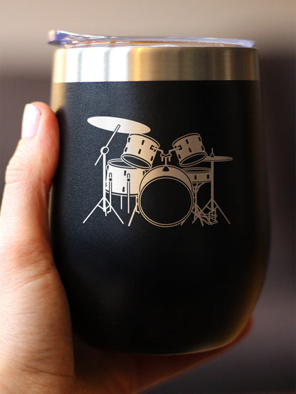 Drums - Wine Tumbler Cup with Sliding Lid - Stainless Steel Insulated Mug - Drumming Gifts for Drummers