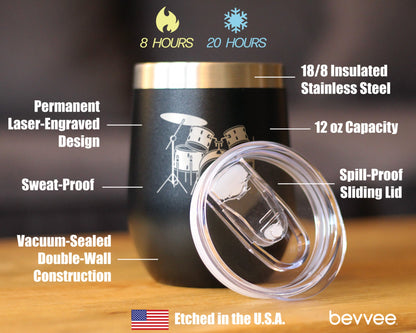 Drums - Wine Tumbler Cup with Sliding Lid - Stainless Steel Insulated Mug - Drumming Gifts for Drummers