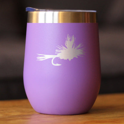 Fishing Fly - Wine Tumbler Glass with Sliding Lid - Stainless Steel Insulated Mug - Unique Flyfishing Gifts for Fishermen