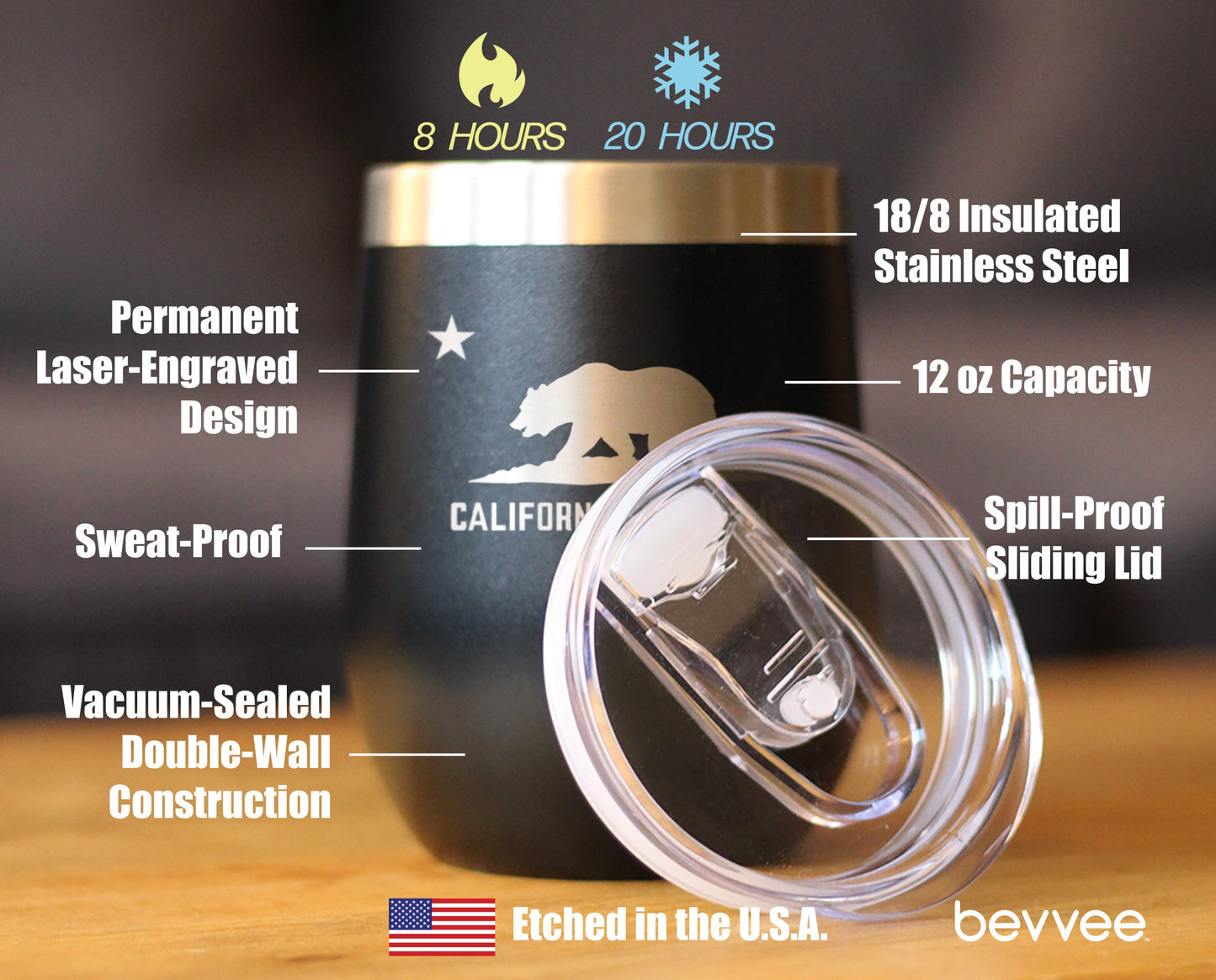 Flag of California - Wine Tumbler Glass with Sliding Lid - Stainless Steel Insulated Travel Mug - California Gifts for Women and Men Californians