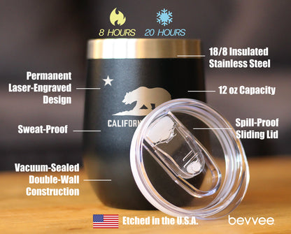Flag of California - Wine Tumbler Glass with Sliding Lid - Stainless Steel Insulated Travel Mug - California Gifts for Women and Men Californians