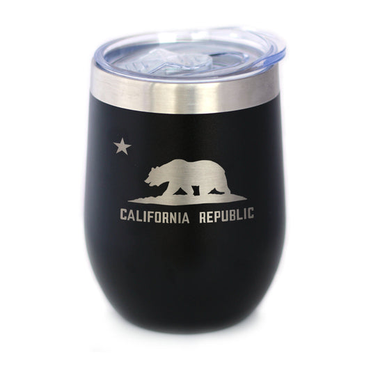 Flag of California - Wine Tumbler Glass with Sliding Lid - Stainless Steel Insulated Travel Mug - California Gifts for Women and Men Californians