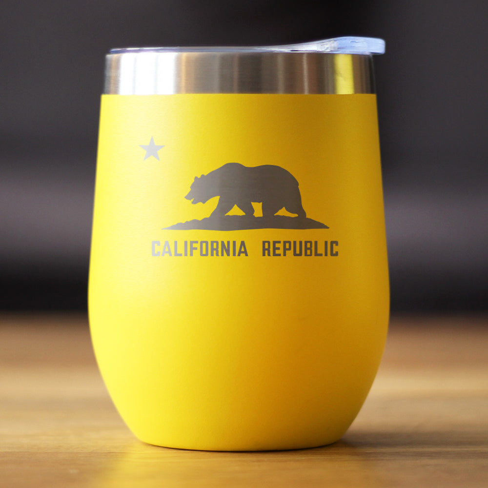 Flag of California - Wine Tumbler Glass with Sliding Lid - Stainless Steel Insulated Travel Mug - California Gifts for Women and Men Californians