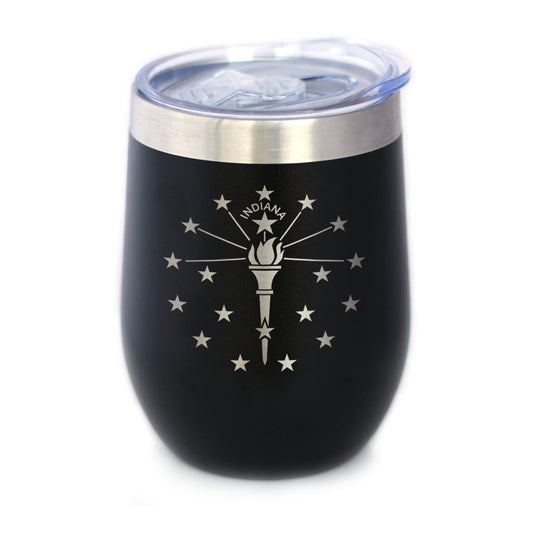 Flag of Indiana - Wine Tumbler Glass with Sliding Lid - Stainless Steel Insulated Mug - Indiana Gifts for Women and Men Indianans