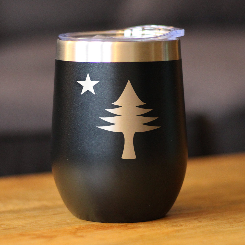 Flag of Maine - Wine Tumbler Glass with Sliding Lid - Stainless Steel Travel Mug - Maine Gift for Women and Men Mainers
