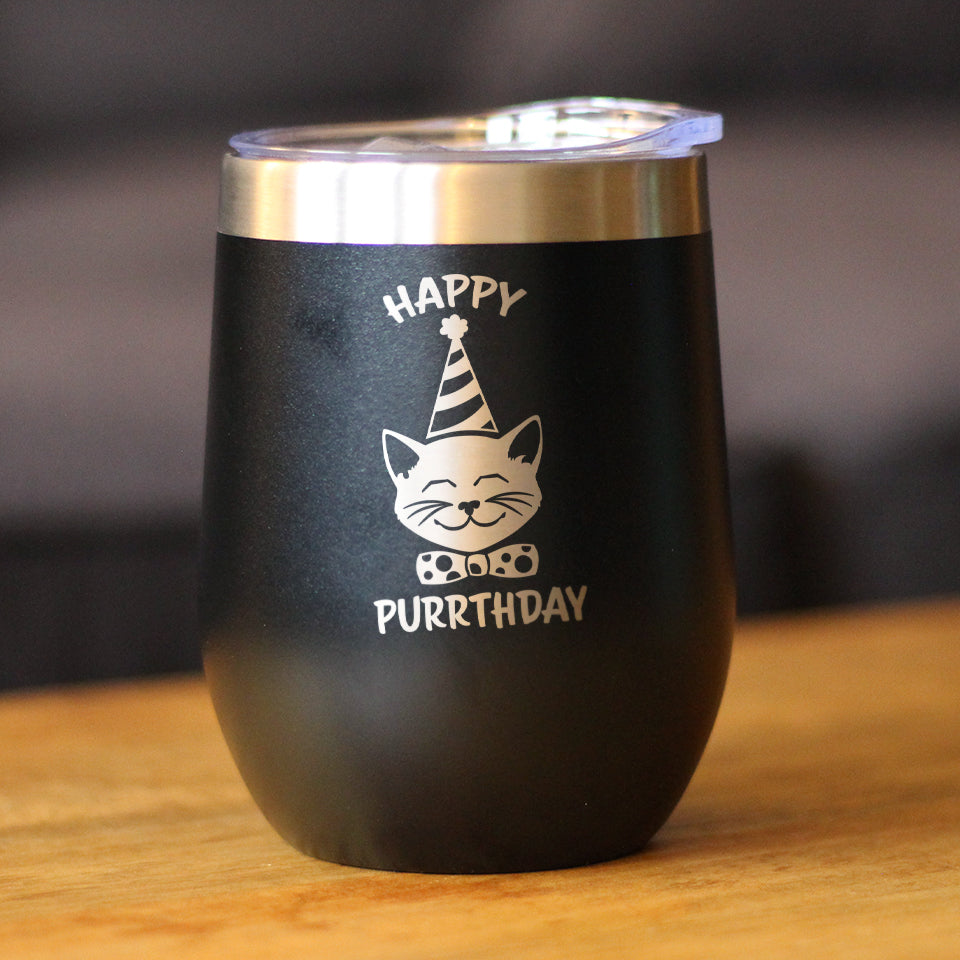 Happy Purrthday - Wine Tumbler Glass with Sliding Lid - Stainless Steel Insulated Mug - Unique Cat Birthday Gifts for Women and Men