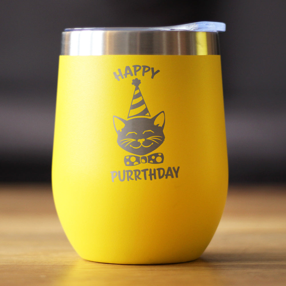 Happy Purrthday - Wine Tumbler Glass with Sliding Lid - Stainless Steel Insulated Mug - Unique Cat Birthday Gifts for Women and Men