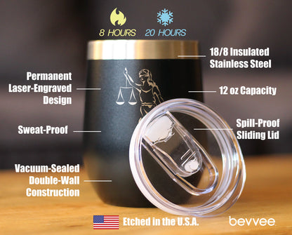 Lady Justice - Wine Tumbler Glass with Sliding Lid - Stainless Steel Travel Mug - Unique Lawyer Gifts for Women and Men