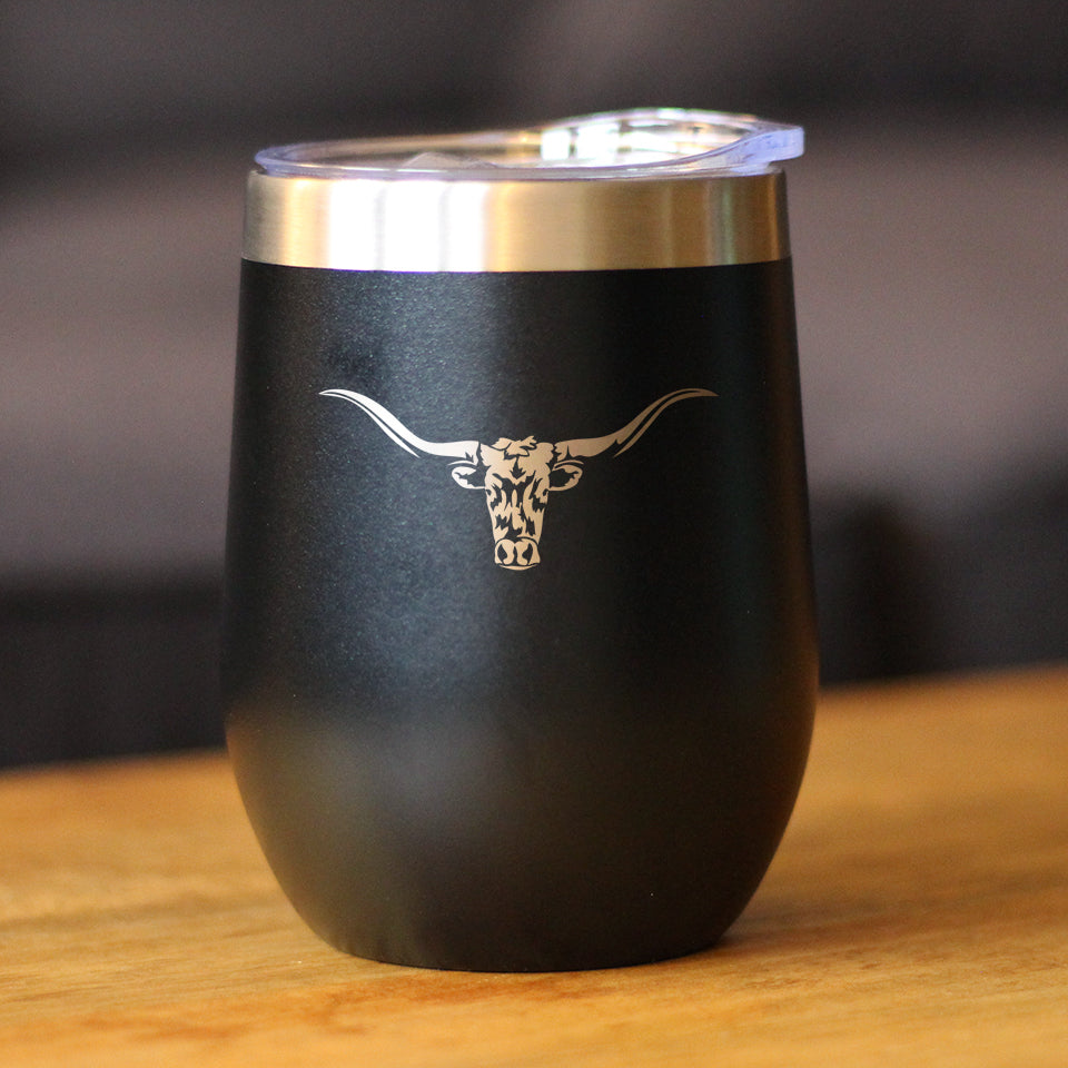 Longhorn - Wine Tumbler Glass with Sliding Lid - Stainless Steel Insulated Mug - Western Themed Farm Decor and Gifts for Texan Ranchers