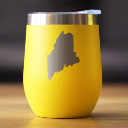 Maine State Outline - Wine Tumbler Glass with Sliding Lid - Stainless Steel Travel Mug - Maine Gifts for Women and Men Mainers