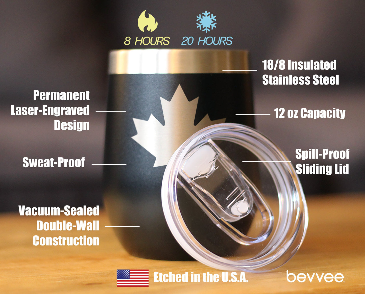 Canada Maple Leaf - Wine Tumbler Glass with Sliding Lid - Stainless Steel Insulated Mug - Canadian Flag Gifts and Decor for Women and Men