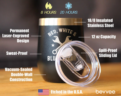Red White & Blue Collar Insulated Wine Tumbler with Sliding Lid Gifts for Tradesmen, Manual Labor Workers 12oz Stainless Steel Tumbler