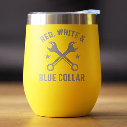 Red White & Blue Collar Insulated Wine Tumbler with Sliding Lid Gifts for Tradesmen, Manual Labor Workers 12oz Stainless Steel Tumbler