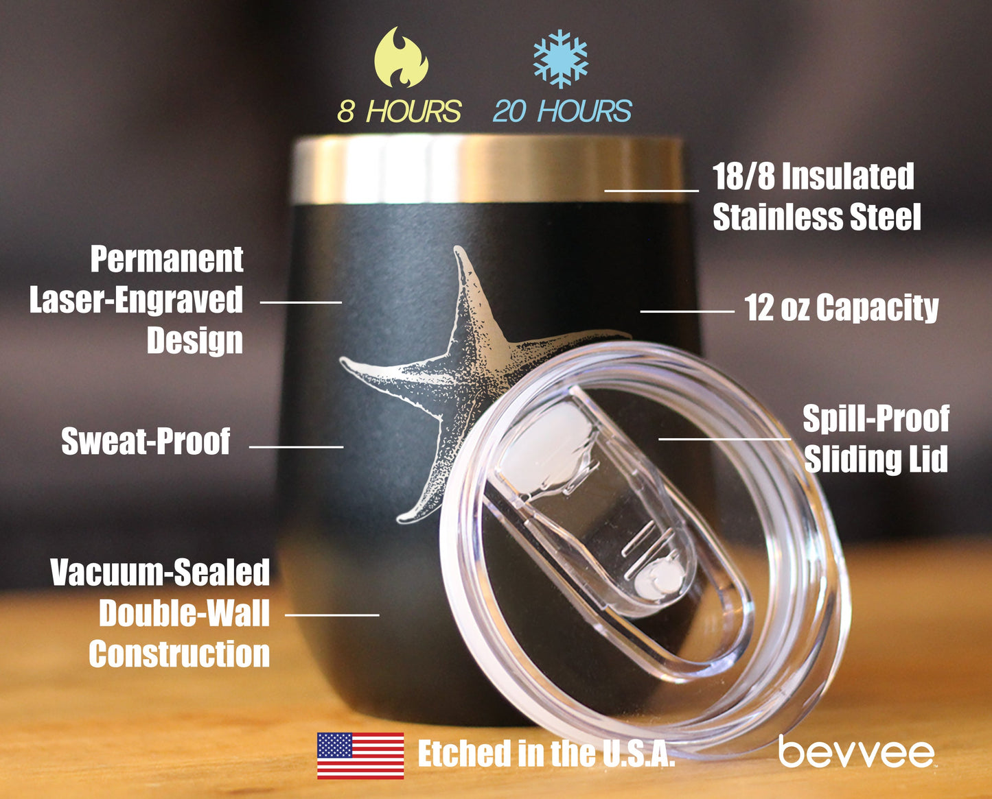 Starfish - Wine Tumbler Glass with Sliding Lid - Stainless Steel Insulated Mug - Unique Ocean Gifts for Women and Men