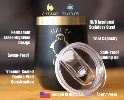 Time To Chill - Wine Tumbler Glass with Sliding Lid - Stainless Steel Travel Mug - Cute Penguin Gifts for Women and Men