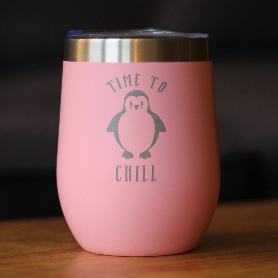Time To Chill - Wine Tumbler Glass with Sliding Lid - Stainless Steel Travel Mug - Cute Penguin Gifts for Women and Men
