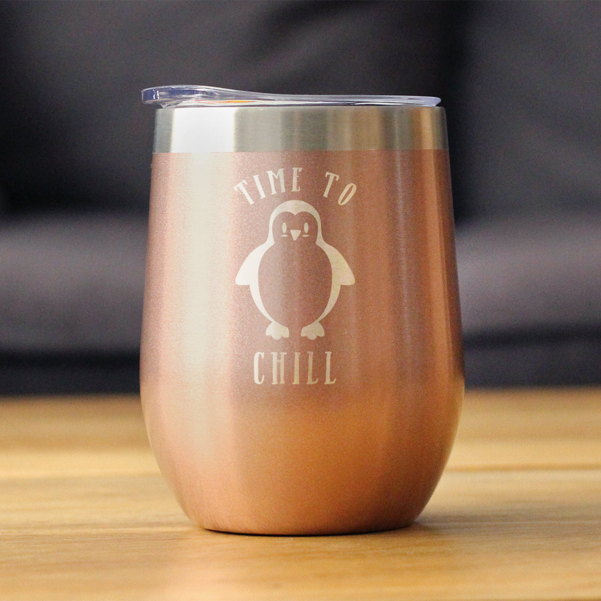 Time To Chill - Wine Tumbler Glass with Sliding Lid - Stainless Steel Travel Mug - Cute Penguin Gifts for Women and Men