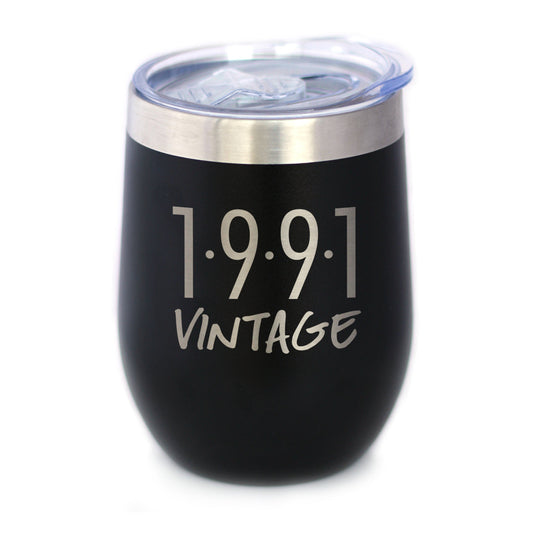 Vintage 1991 - Insulated Wine Tumbler Glass with Sliding Lid - Cute Funny 34th Birthday Gift for Women or Men Turning 34