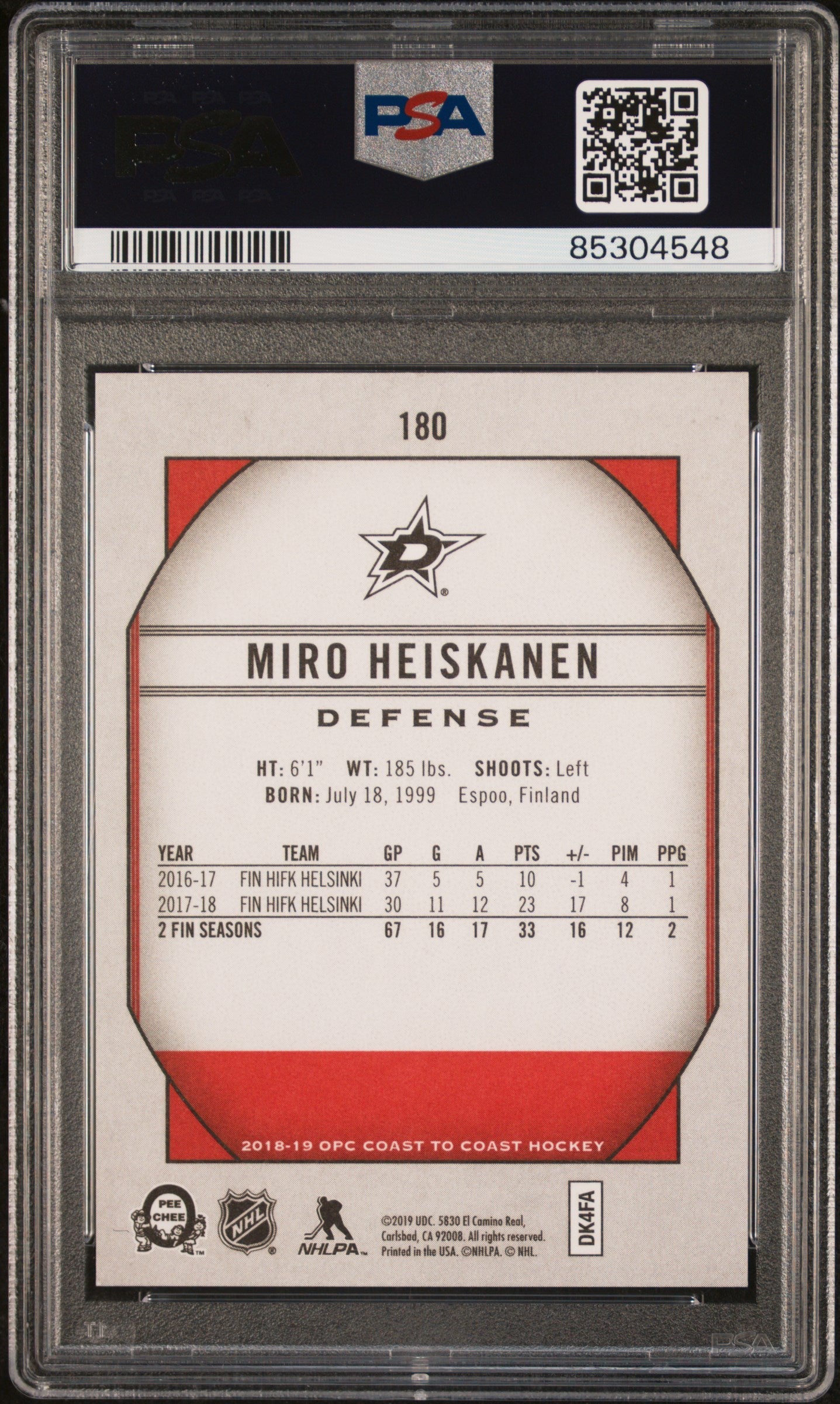 Graded 2018 Upper Deck O-Pee-Chee Coast to Coast Miro Heiskanen #180 Rookie RC Hockey Card PSA 10 Gem Mint