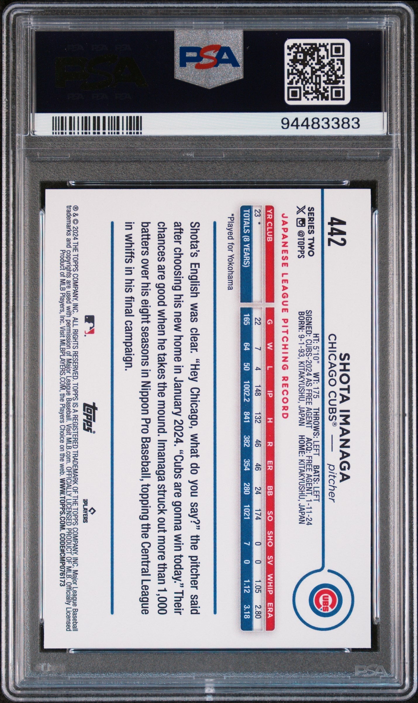 Graded 2024 Topps Shota Imanaga #442 Rookie RC Baseball Card PSA 10 Gem Mint