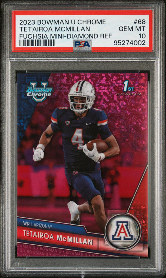 Graded 2023 Topps Bowman U Chrome Tetairoa McMillan #68 Fuchsia Mini Diamond Refractor #/150 Rookie RC Football Card PSA 10 Gem Mint