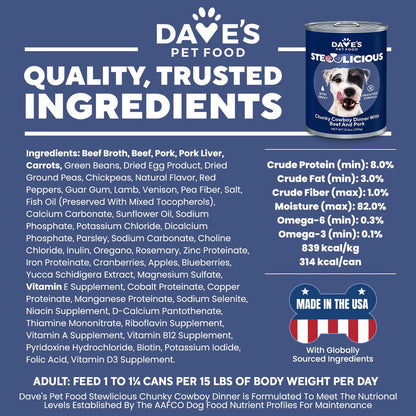 Dave's Stewlicious Cowboy Dinner w/ Beef & Pork Wet Dog Food (13.2oz)
