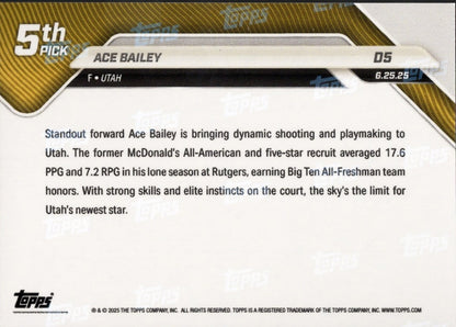 2025 Topps Now Ace Bailey #D5 Blue Foil /75 Utah Jazz Rookie RC Basketball Card