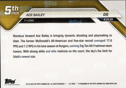 2025 Topps Now Ace Bailey #D5 Orange Foil /25 Utah Jazz Rookie RC Basketball Card