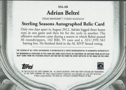 2025 Topps Sterling Adrian Beltre #SSAAB Sterling Seasons 2012 Relic Auto /25 Texas Rangers Baseball Card