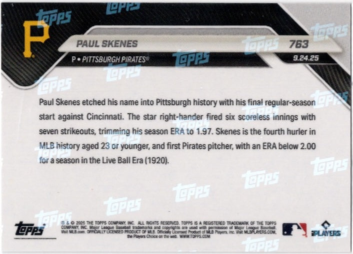 2025 Topps Now Paul Skenes #763 Orange Foil /50 Pittsburgh Pirates Baseball Card