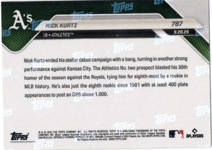 2025 Topps Now Nick Kurtz #787 Gold Foil /50 Athletics Rookie RC Baseball Card