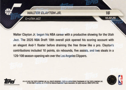 2025 Topps Now Walter Clayton Jr #16 Orange Foil /25 Utah Jazz Rookie RC Basketball Card