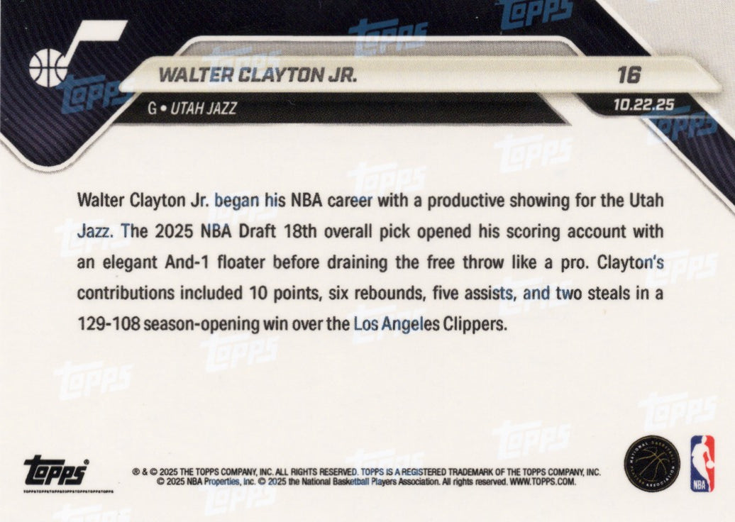 2025 Topps Now Walter Clayton Jr #16 Green Foil /99 Utah Jazz Rookie RC Basketball Card