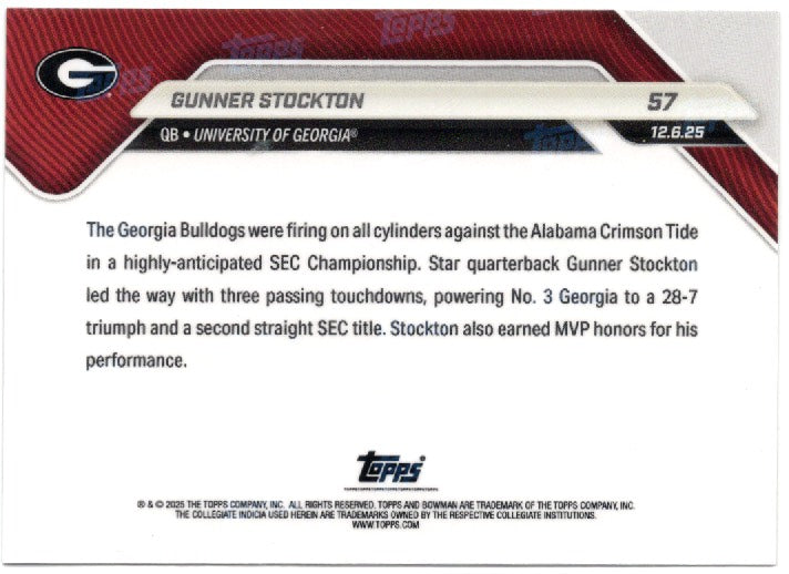 2025 Topps Bowman U Now Gunner Stockton #57 Red Foil /5 Georgia Bulldogs Rookie RC Football Card