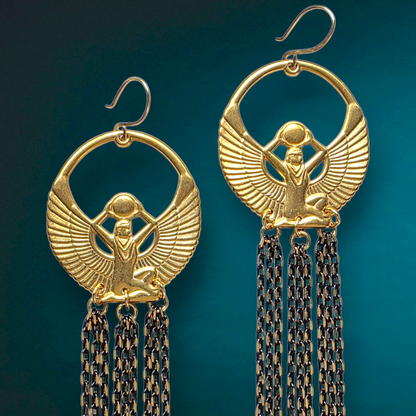 Brass Isis and Herkimer Chain Earrings