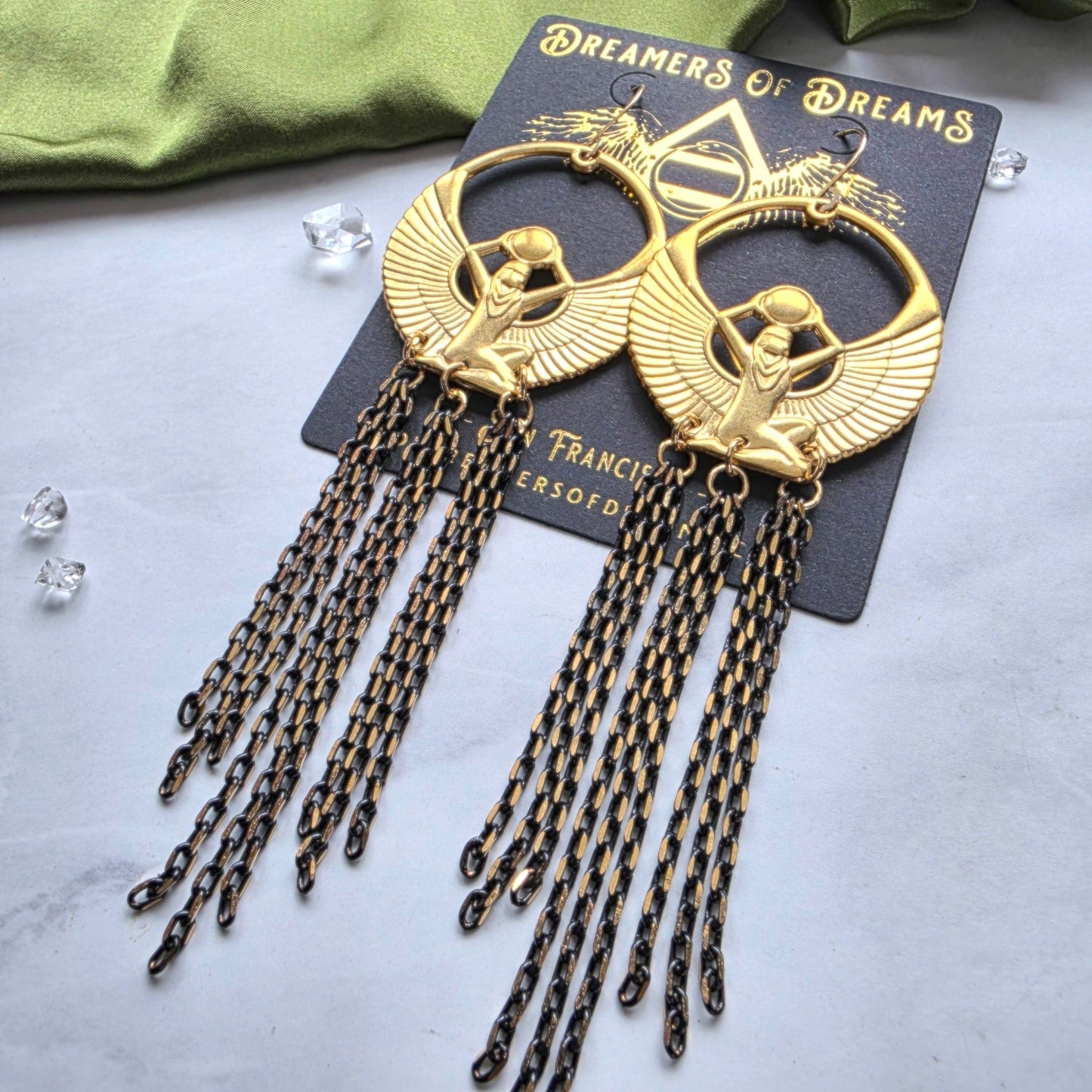 Brass Isis and Herkimer Chain Earrings